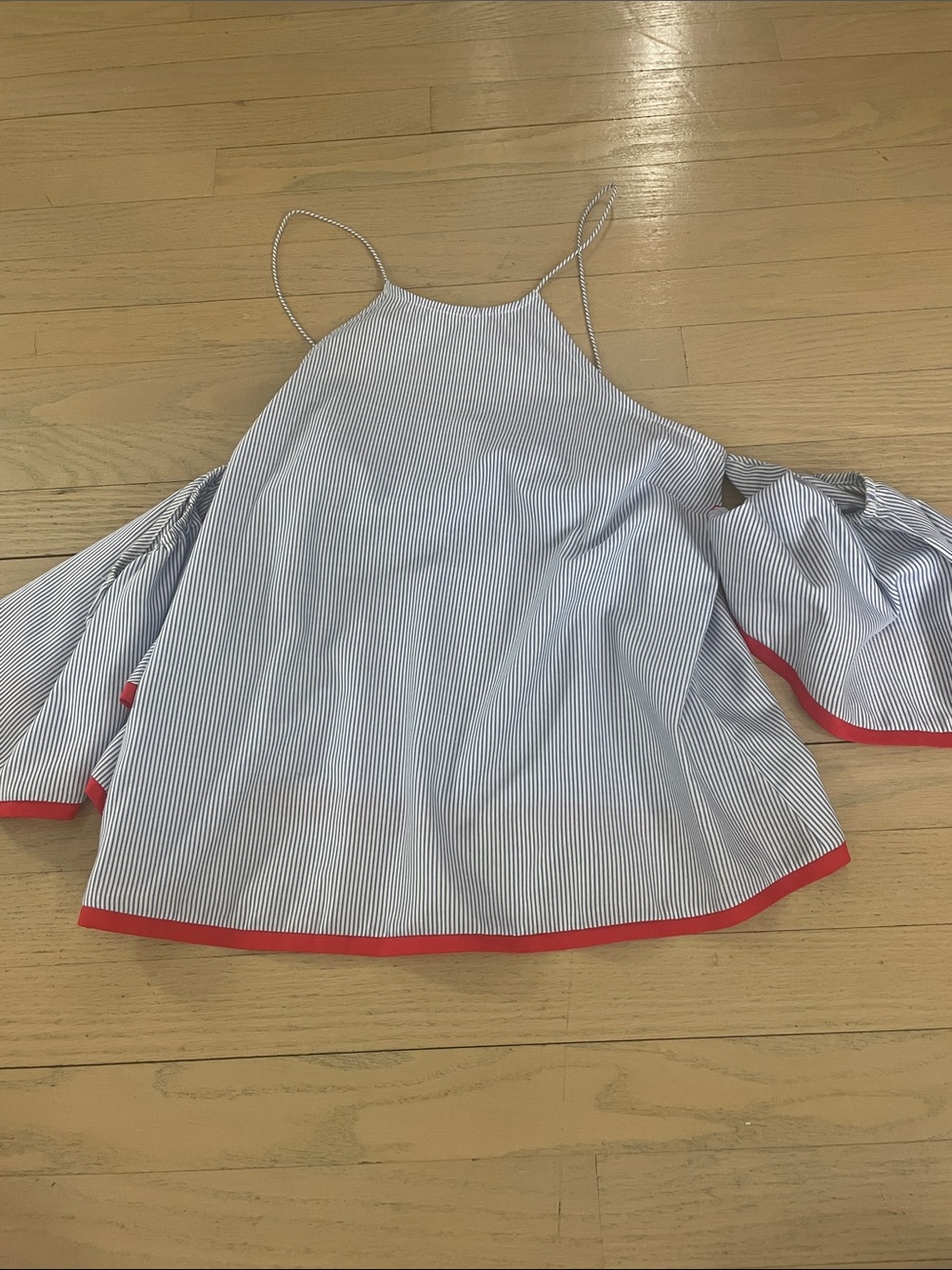 Striped Blue & White Tank Top with Red Trim